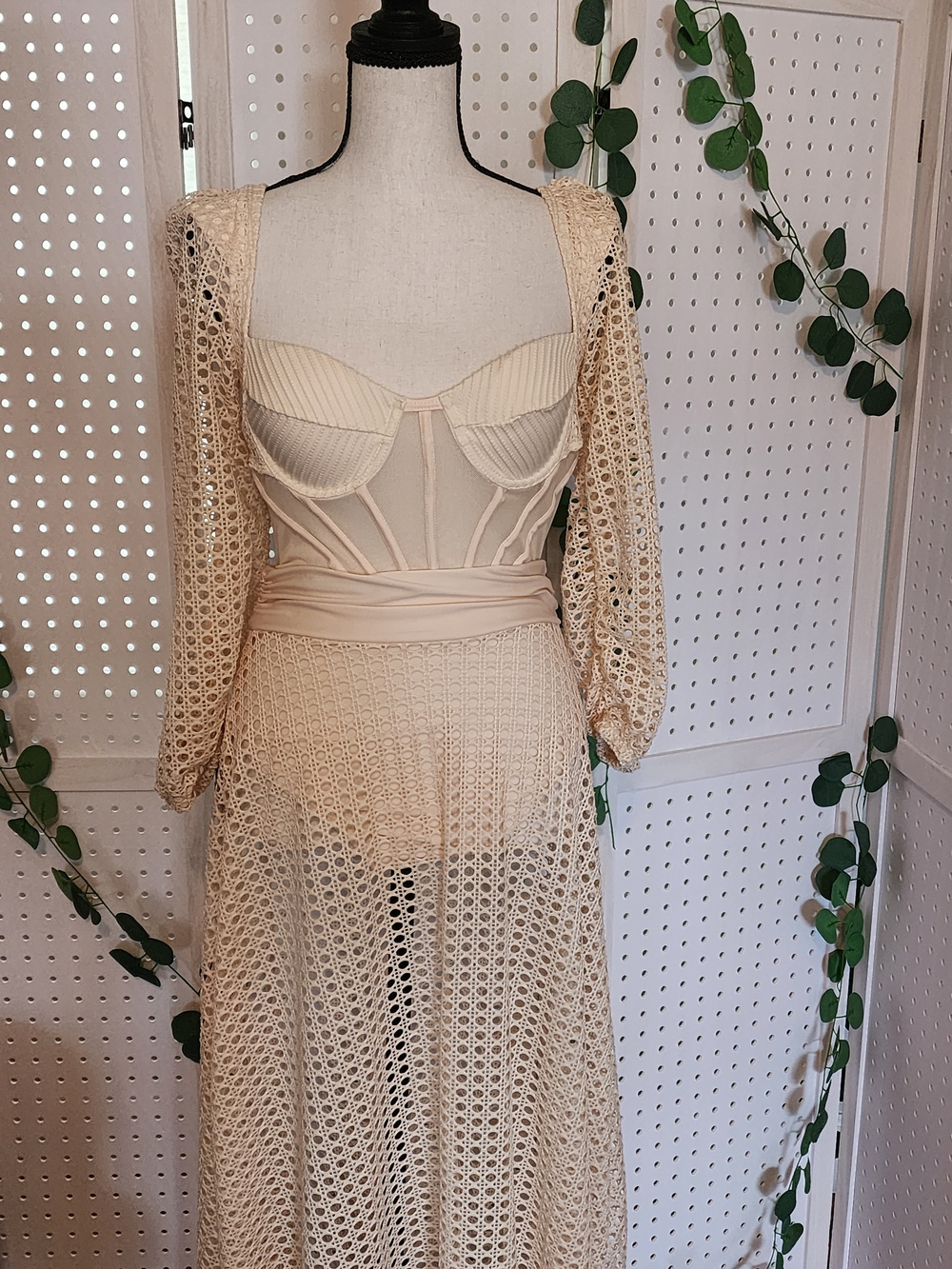 Crochet Lace Maxi Swimsiit Dress in Beige New